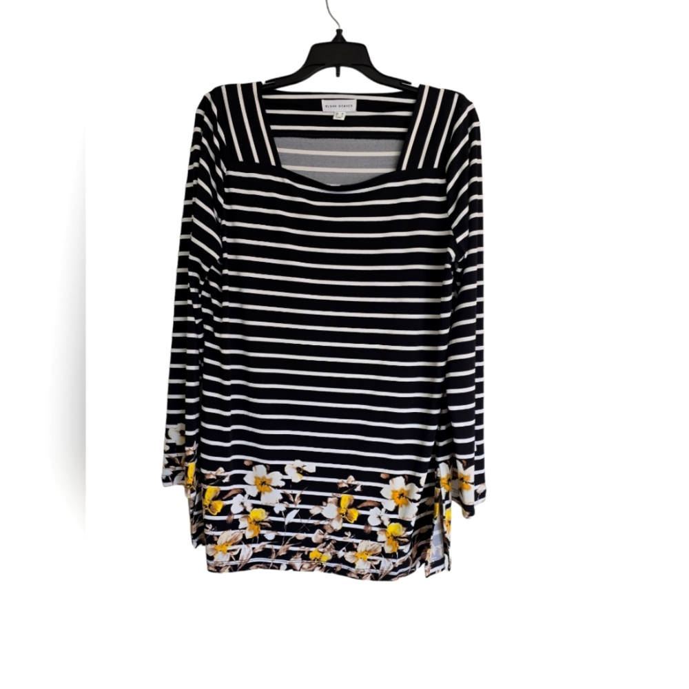 Susan Graver Black and White Striped Long Sleeve Top with Floral Accents Size M